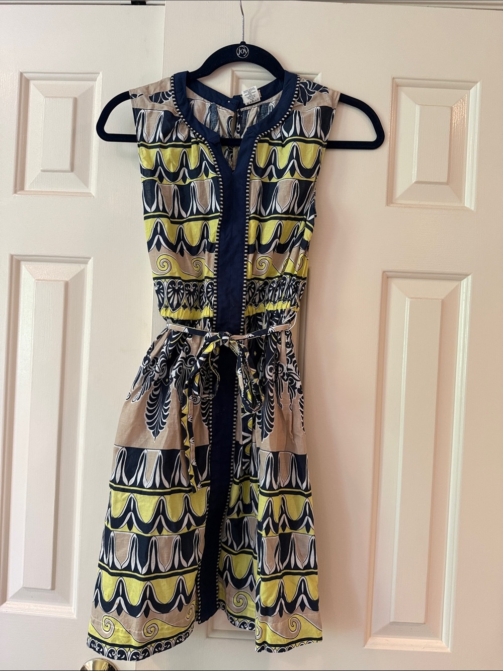 Crewcuts Sleeveless Geometric-Print Tie-Waist Dress in Yellow, Navy & Tan